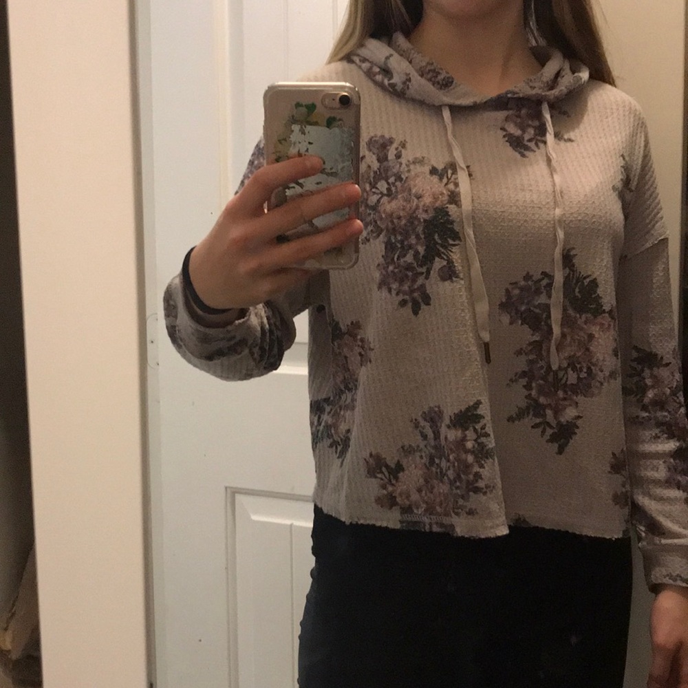 purple cropped hoodie with flower pattern